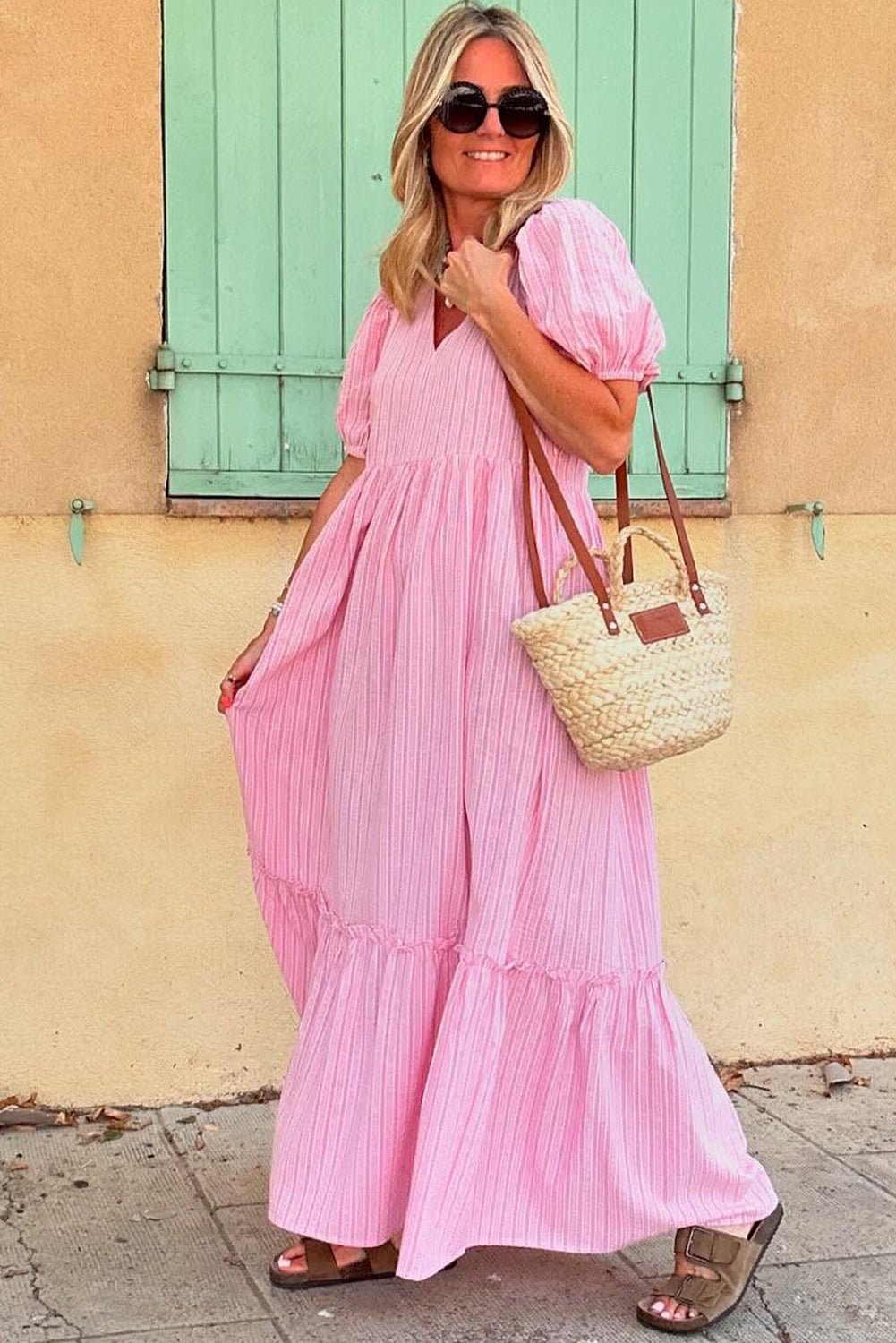 Pink Striped V Neck Puff Sleeve Frill Tiered Maxi Dress - MAD RUFFI