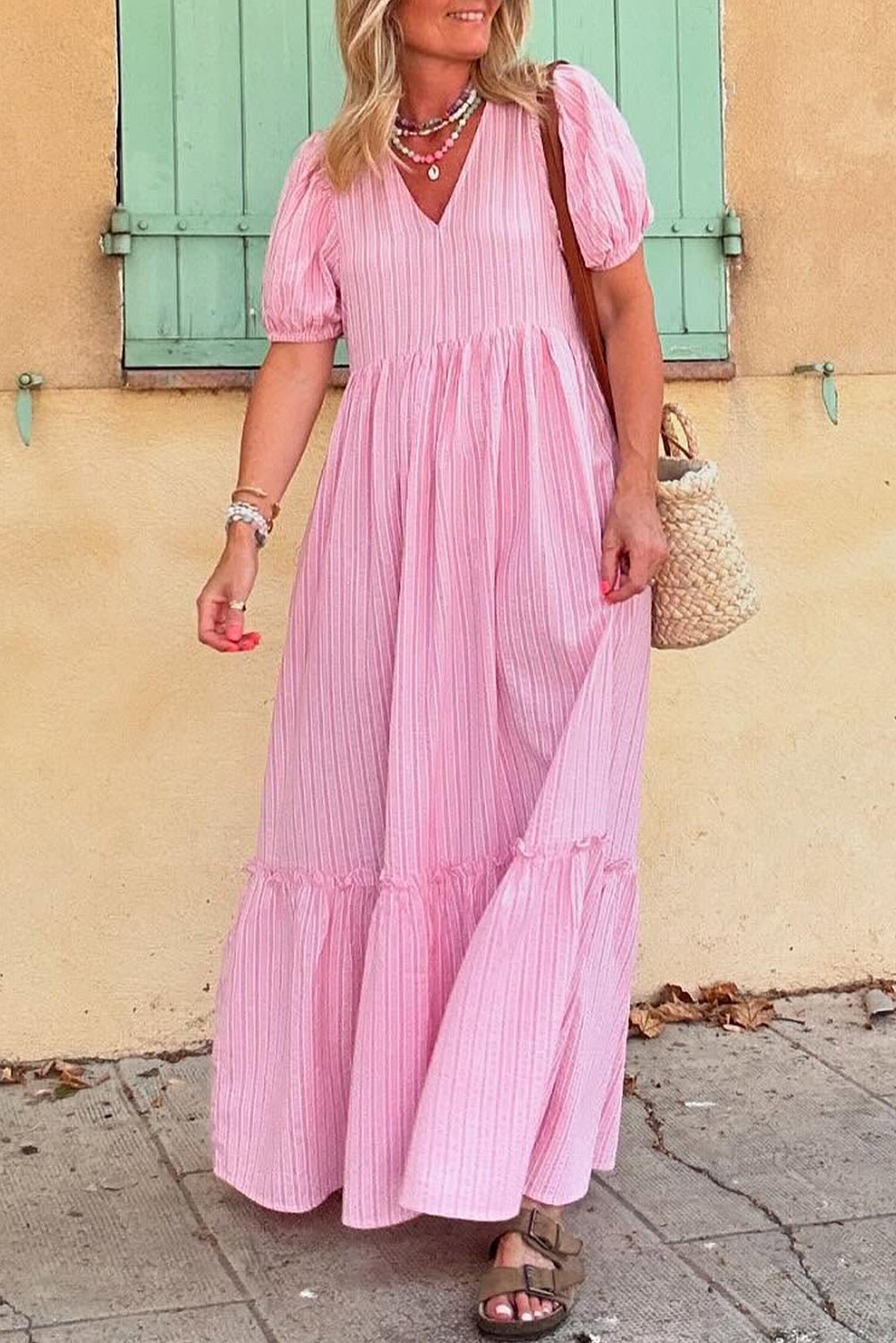 Pink Striped V Neck Puff Sleeve Frill Tiered Maxi Dress - MAD RUFFI