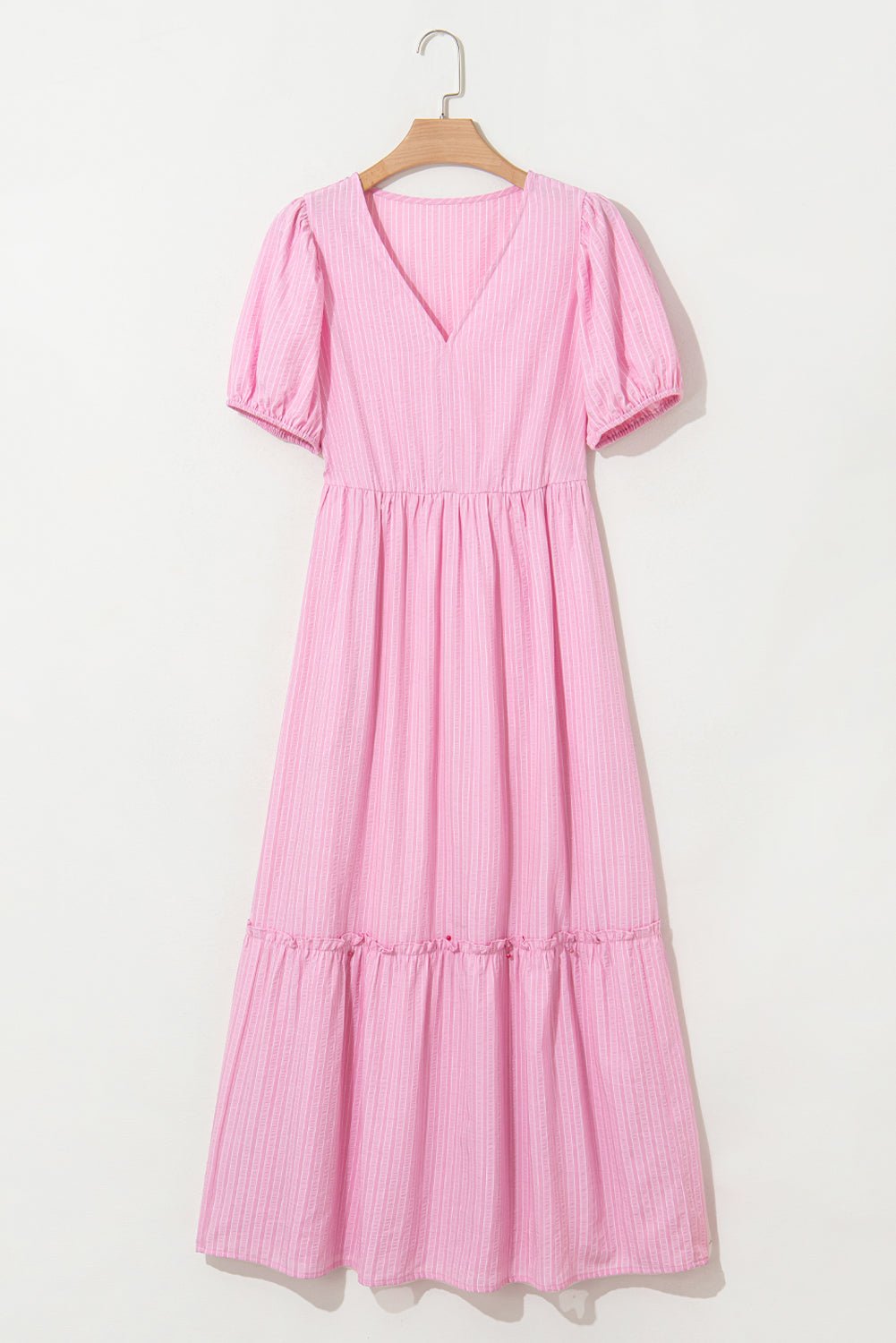 Pink Striped V Neck Puff Sleeve Frill Tiered Maxi Dress - MAD RUFFI