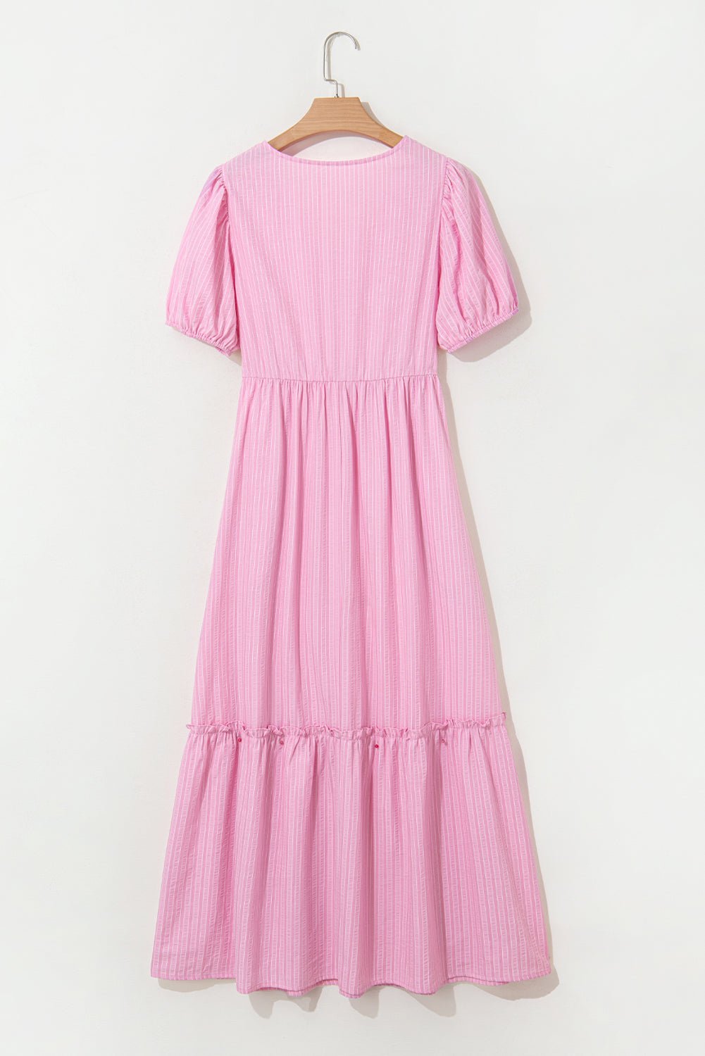 Pink Striped V Neck Puff Sleeve Frill Tiered Maxi Dress - MAD RUFFI