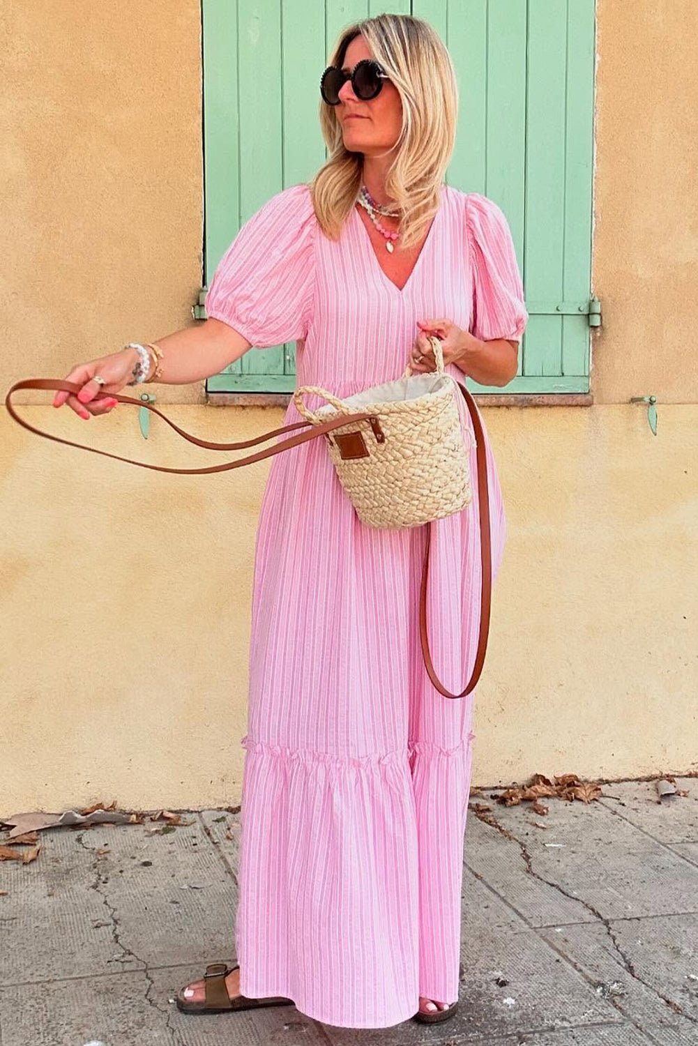 Pink Striped V Neck Puff Sleeve Frill Tiered Maxi Dress - MAD RUFFI