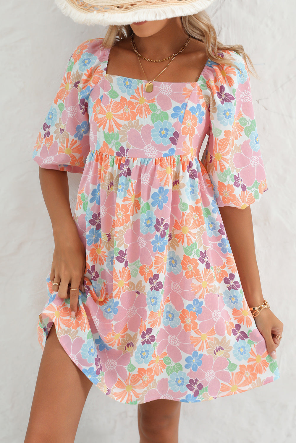 Pink Summer Floral Square Neck Puff Sleeve Babydoll Dress - MAD RUFFI