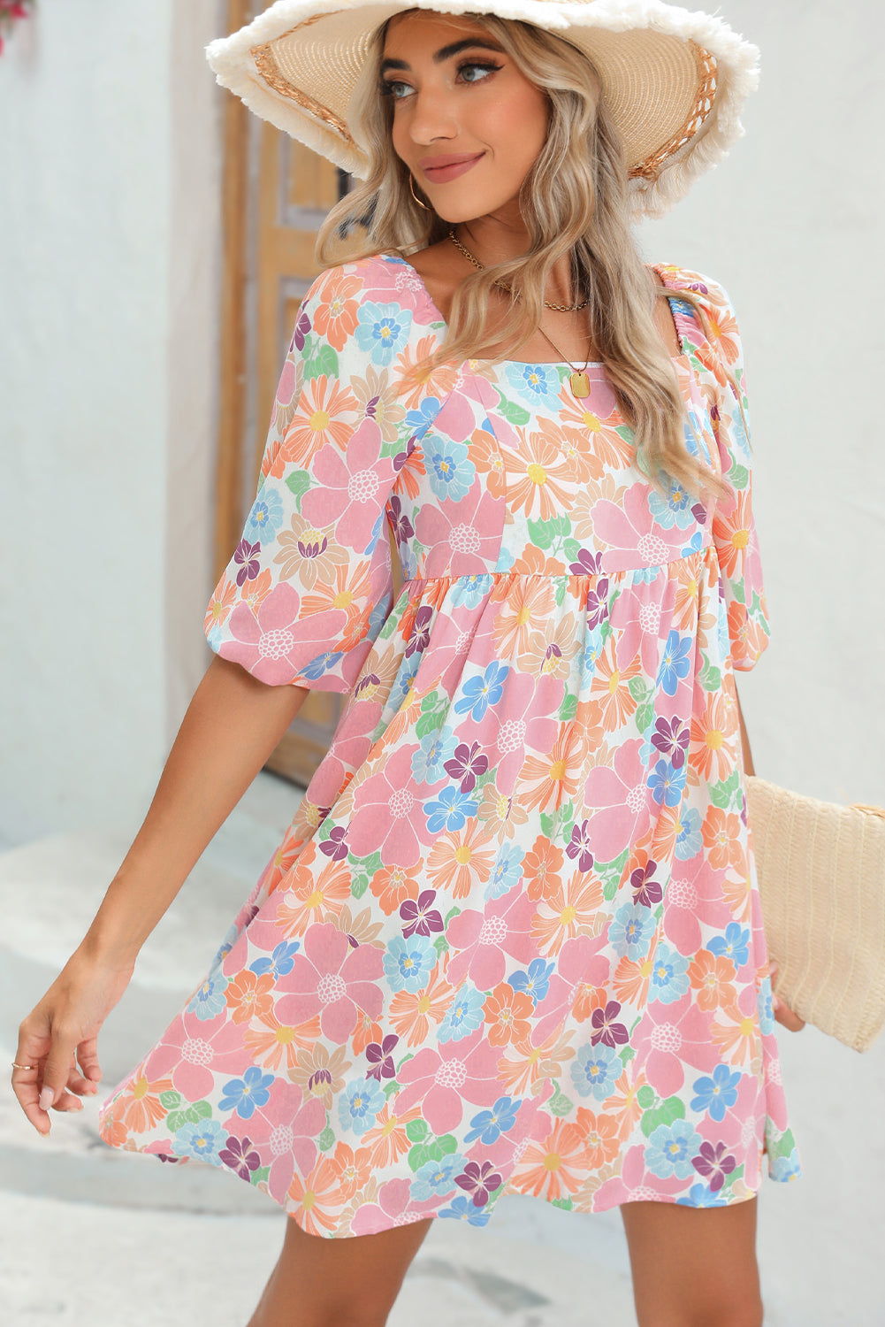 Pink Summer Floral Square Neck Puff Sleeve Babydoll Dress - MAD RUFFI