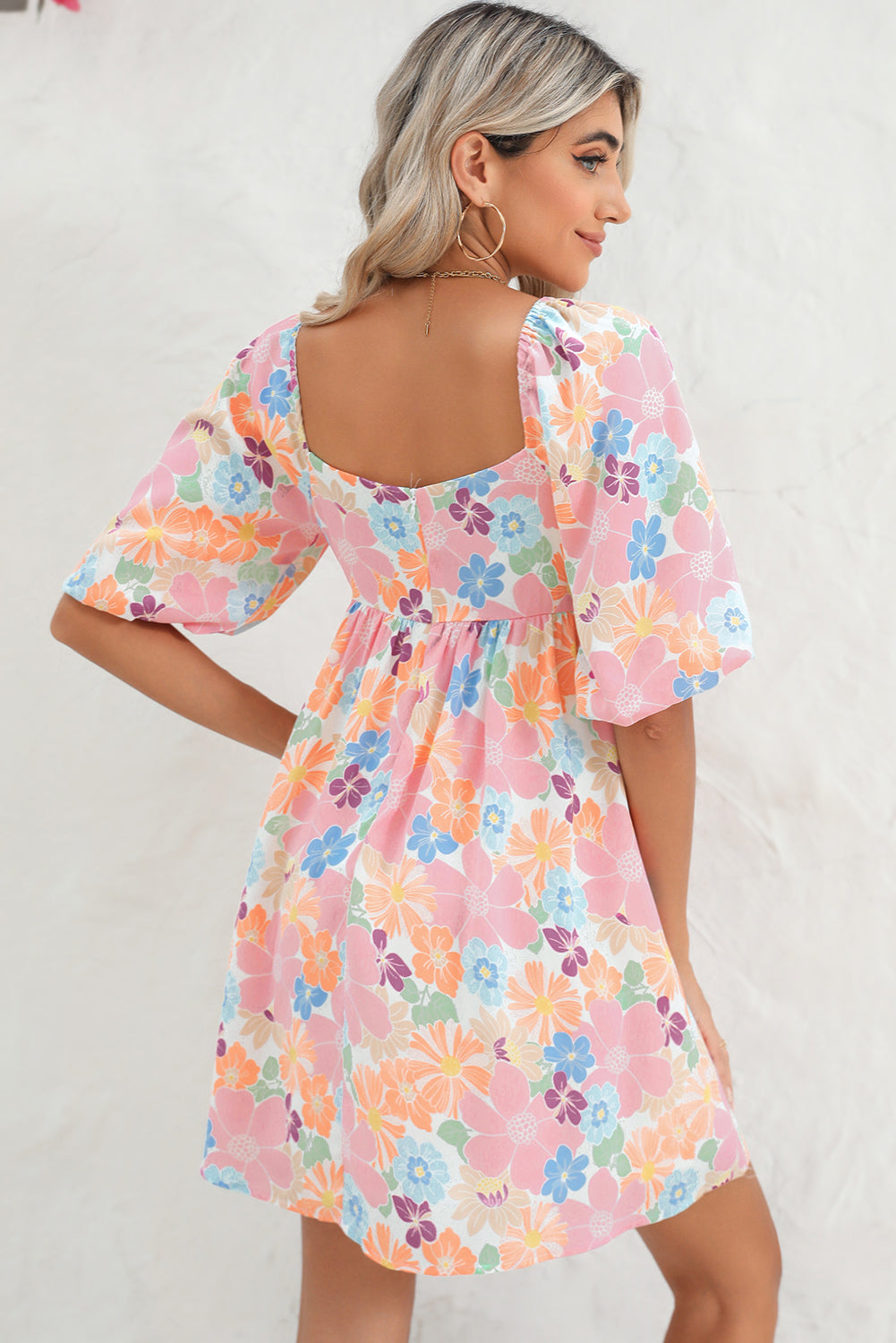 Pink Summer Floral Square Neck Puff Sleeve Babydoll Dress - MAD RUFFI