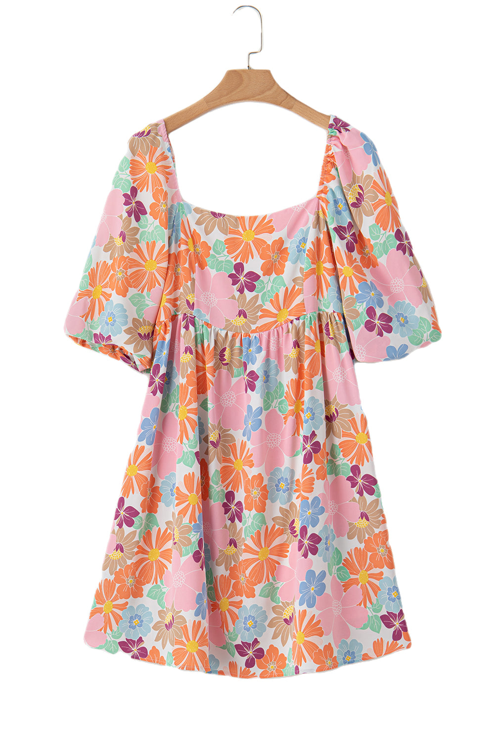 Pink Summer Floral Square Neck Puff Sleeve Babydoll Dress - MAD RUFFI