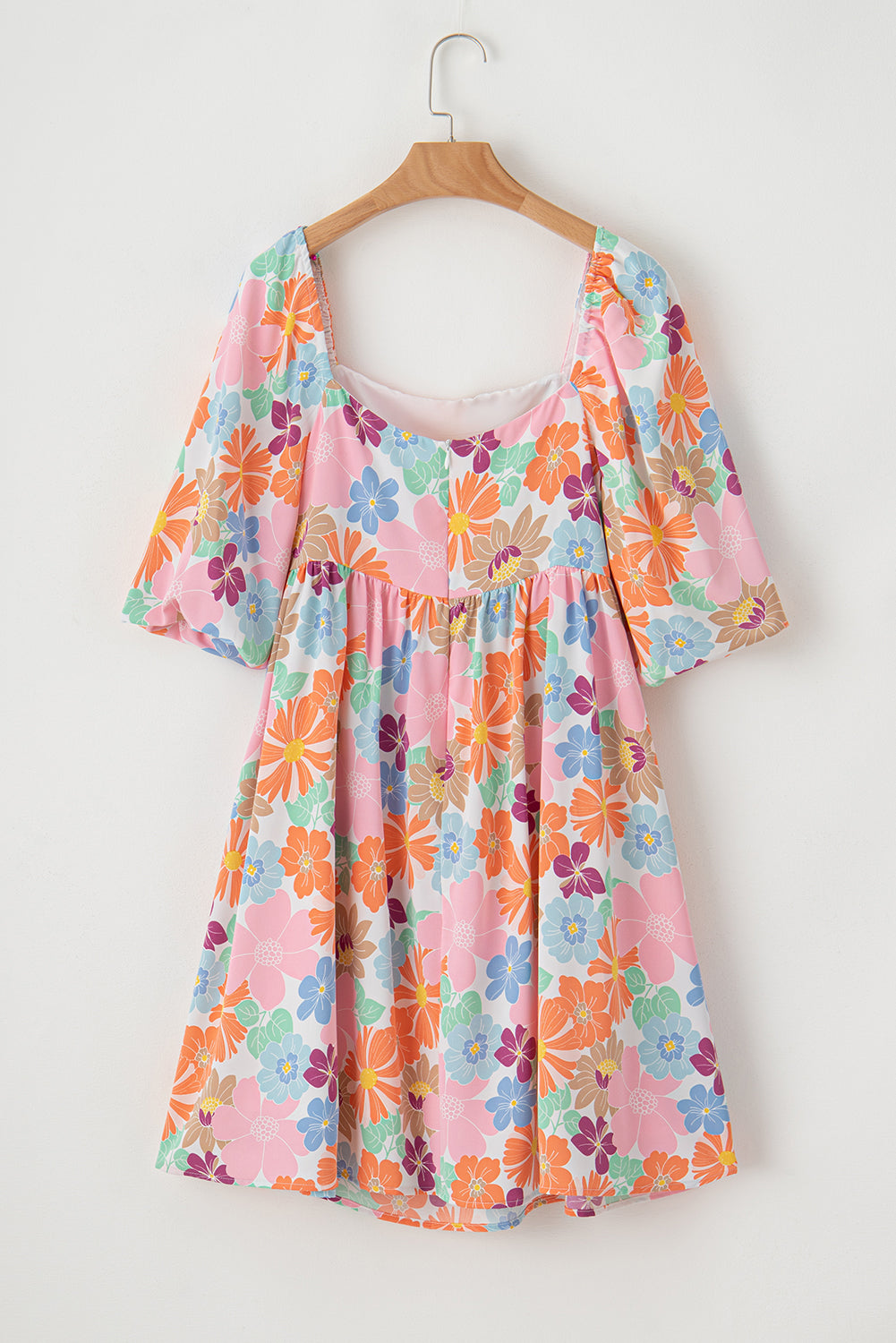 Pink Summer Floral Square Neck Puff Sleeve Babydoll Dress - MAD RUFFI