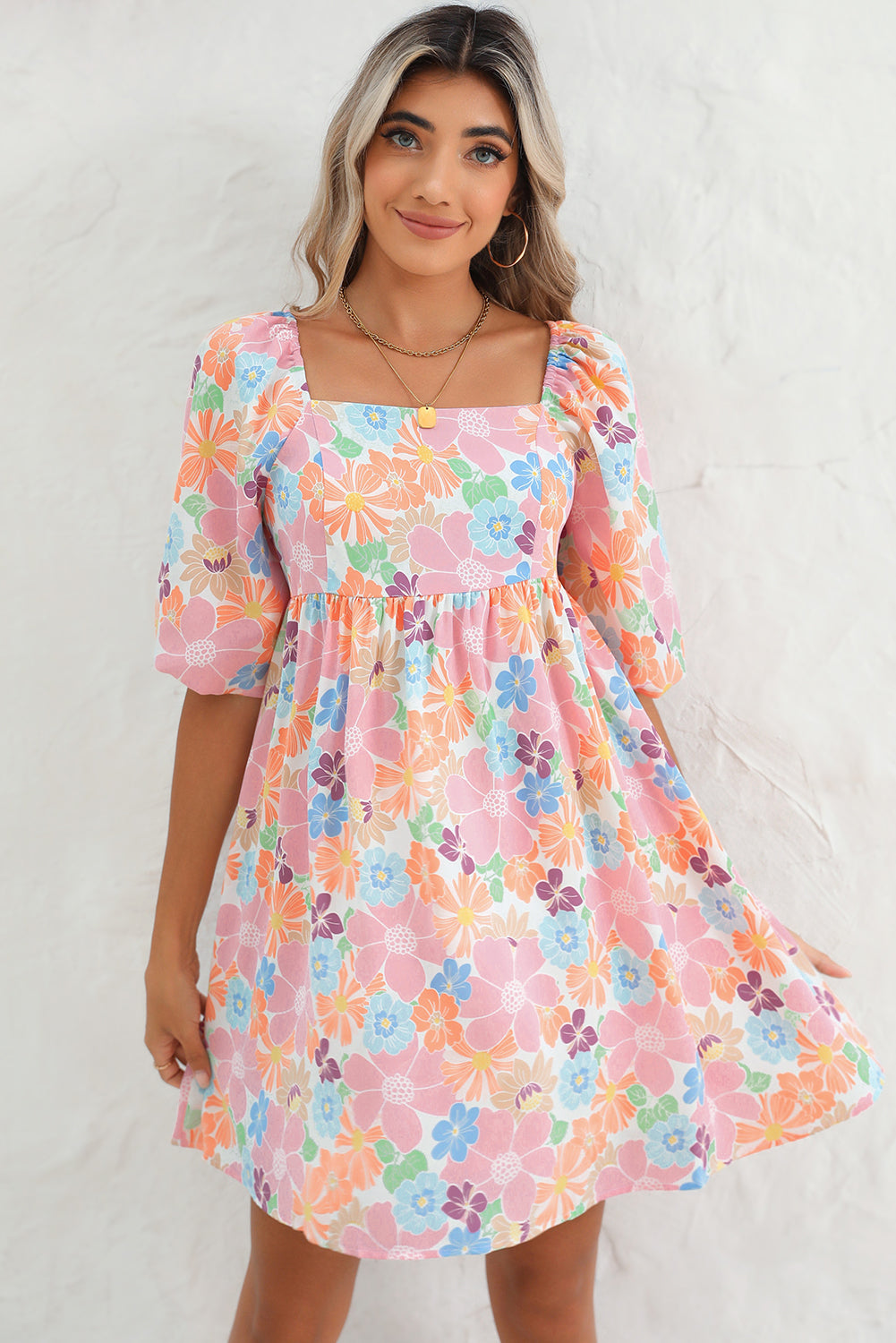 Pink Summer Floral Square Neck Puff Sleeve Babydoll Dress - MAD RUFFI