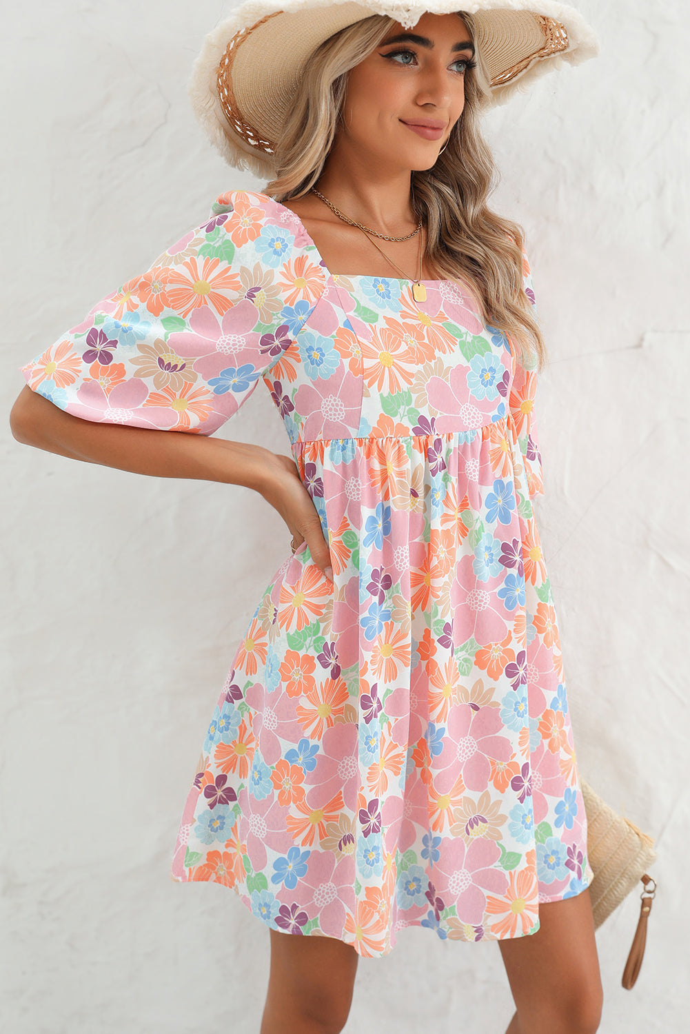 Pink Summer Floral Square Neck Puff Sleeve Babydoll Dress - MAD RUFFI