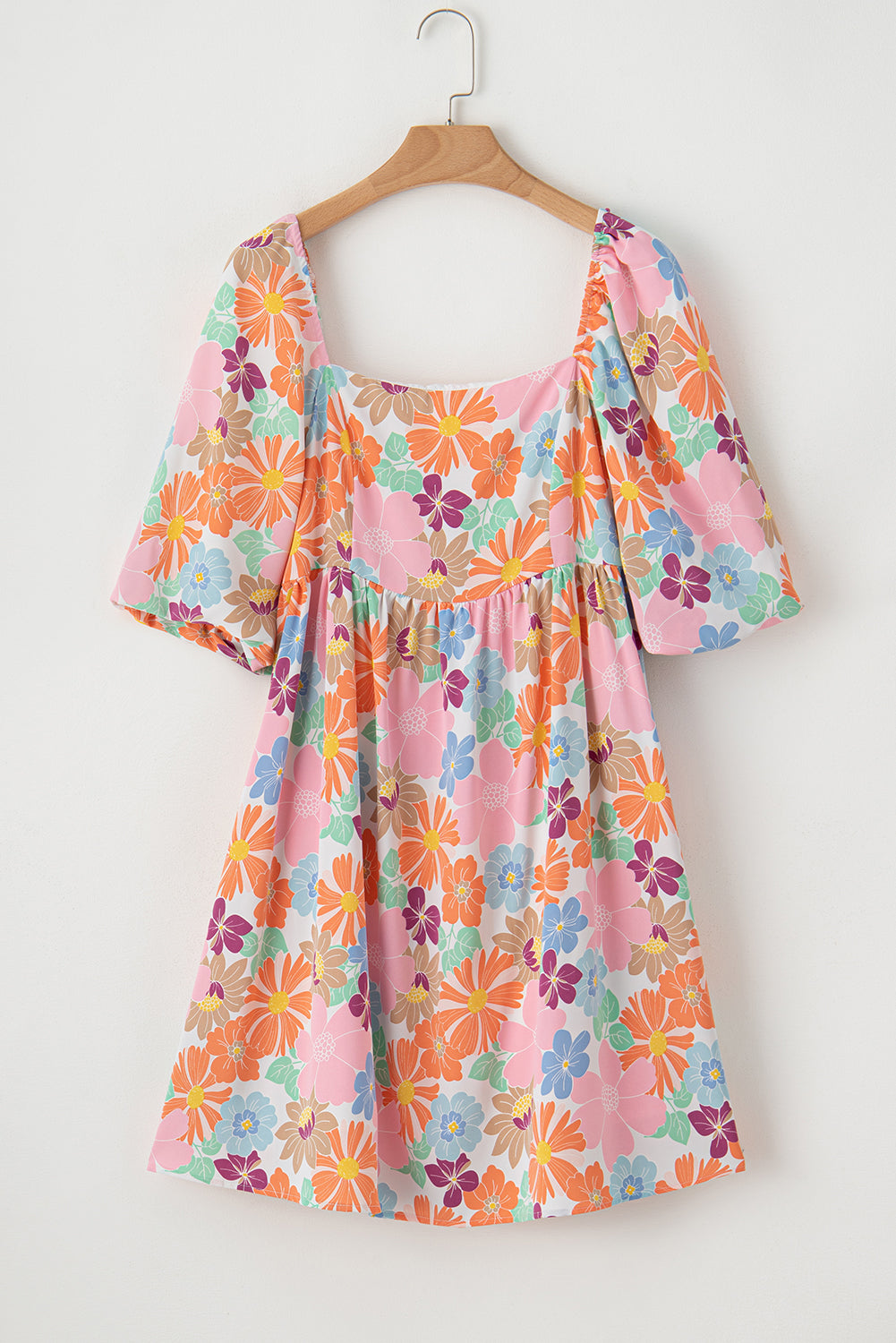 Pink Summer Floral Square Neck Puff Sleeve Babydoll Dress - MAD RUFFI