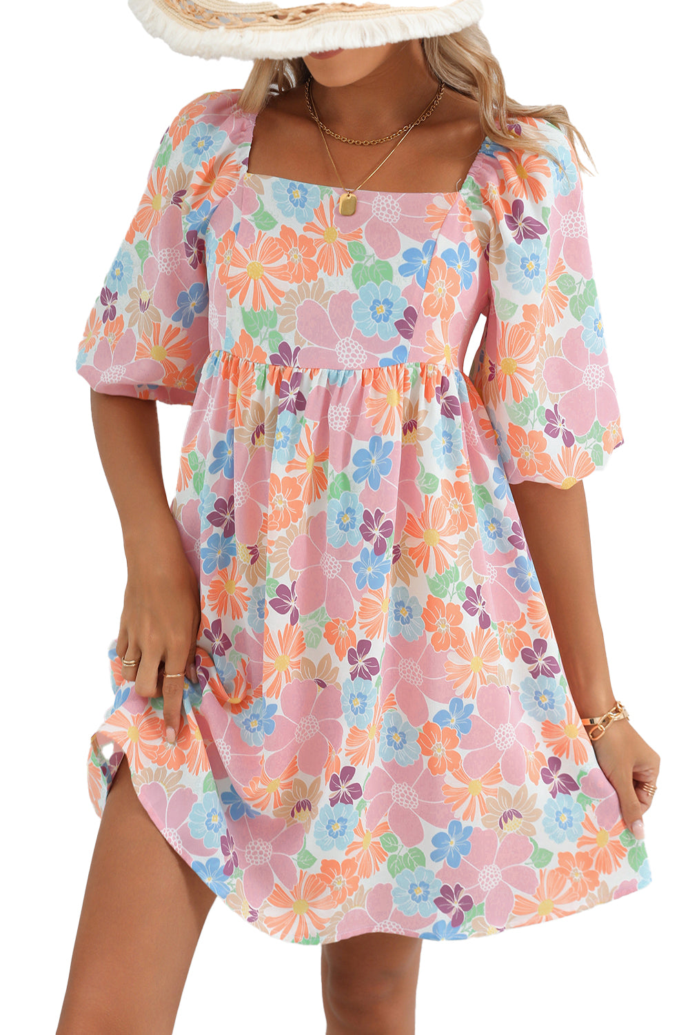 Pink Summer Floral Square Neck Puff Sleeve Babydoll Dress - MAD RUFFI