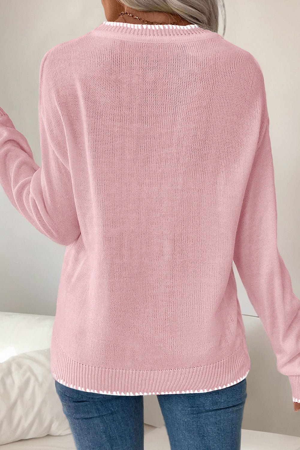 Pink Sweet Bow Drop Sleeve Round Neck Sweater - MAD RUFFI