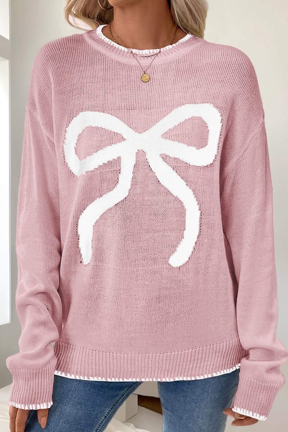 Pink Sweet Bow Drop Sleeve Round Neck Sweater - MAD RUFFI