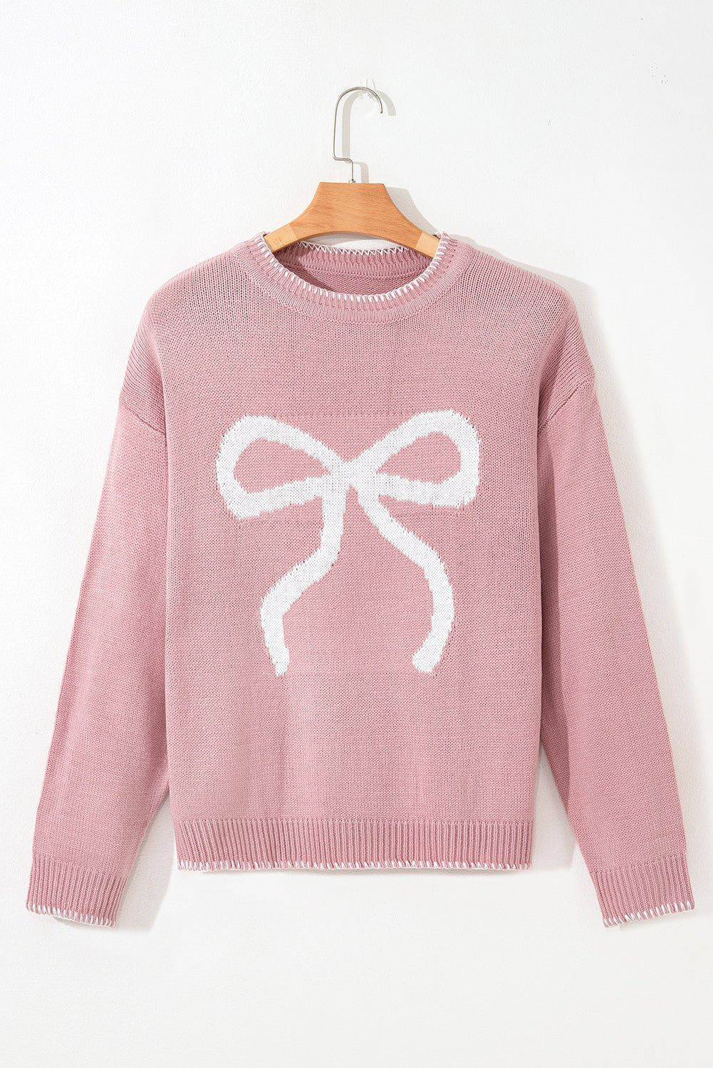 Pink Sweet Bow Drop Sleeve Round Neck Sweater - MAD RUFFI