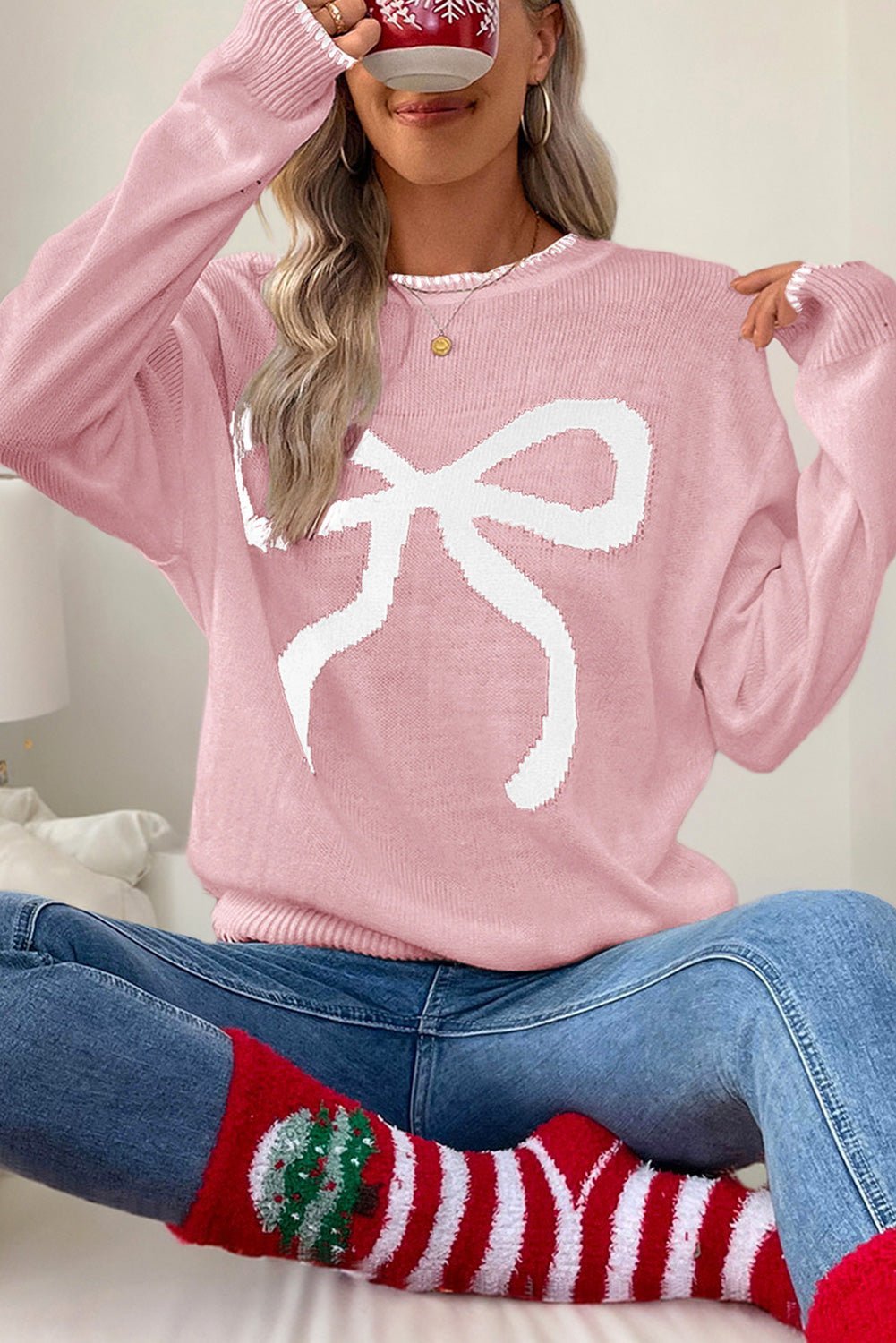 Pink Sweet Bow Drop Sleeve Round Neck Sweater - MAD RUFFI