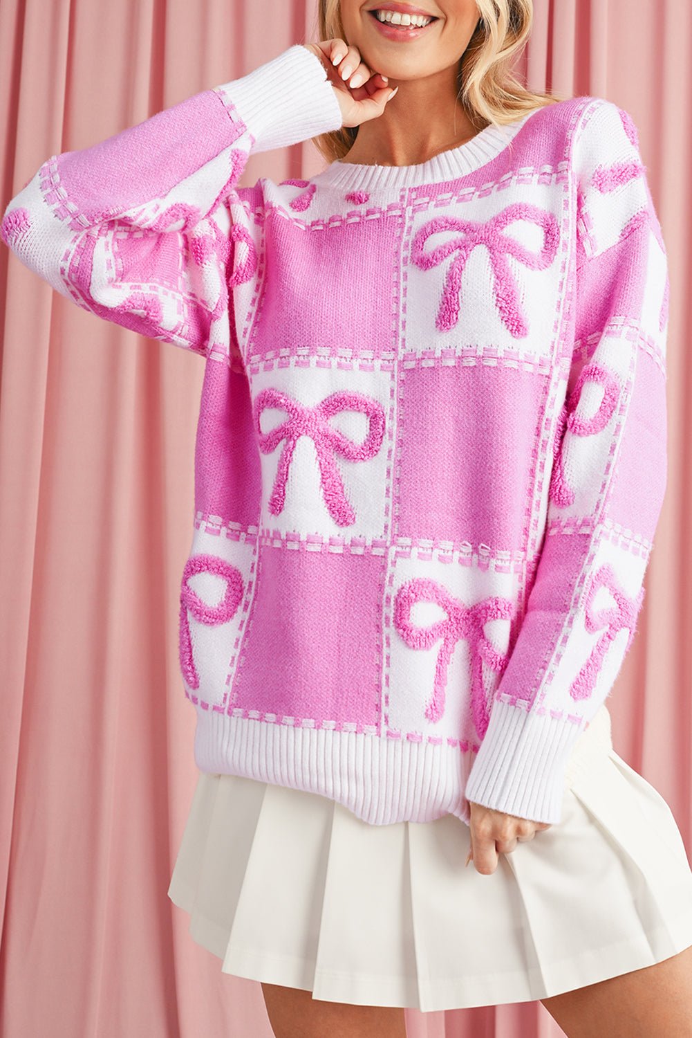 Pink Sweet Bow Two Tone Checkered Sweater - MAD RUFFI