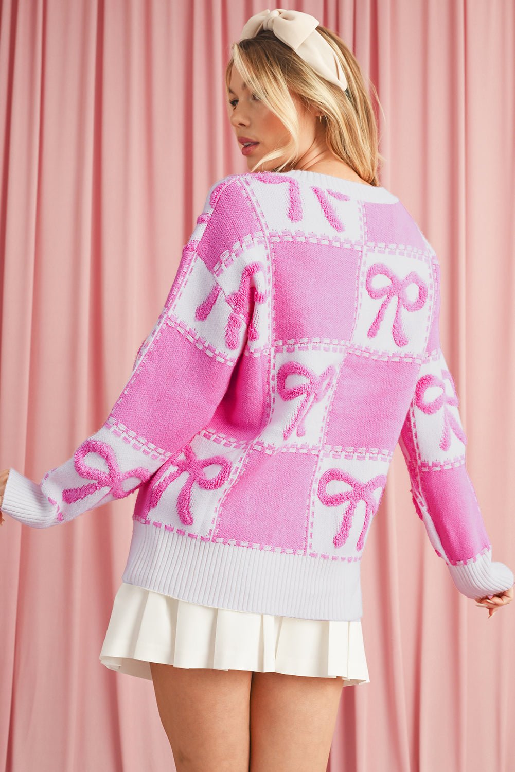 Pink Sweet Bow Two Tone Checkered Sweater - MAD RUFFI