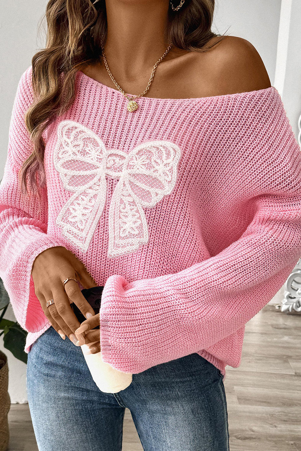 Pink Sweet Lace Bow Round Neck Knit Sweater - MAD RUFFI