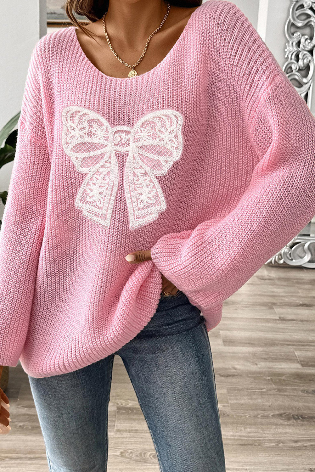 Pink Sweet Lace Bow Round Neck Knit Sweater - MAD RUFFI