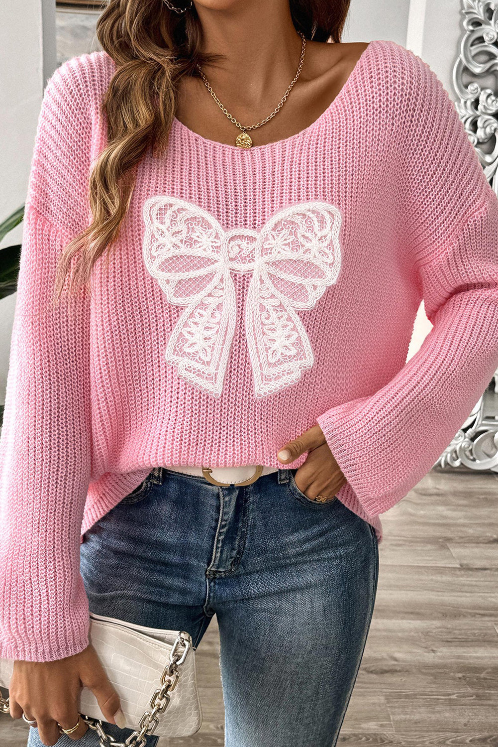 Pink Sweet Lace Bow Round Neck Knit Sweater - MAD RUFFI