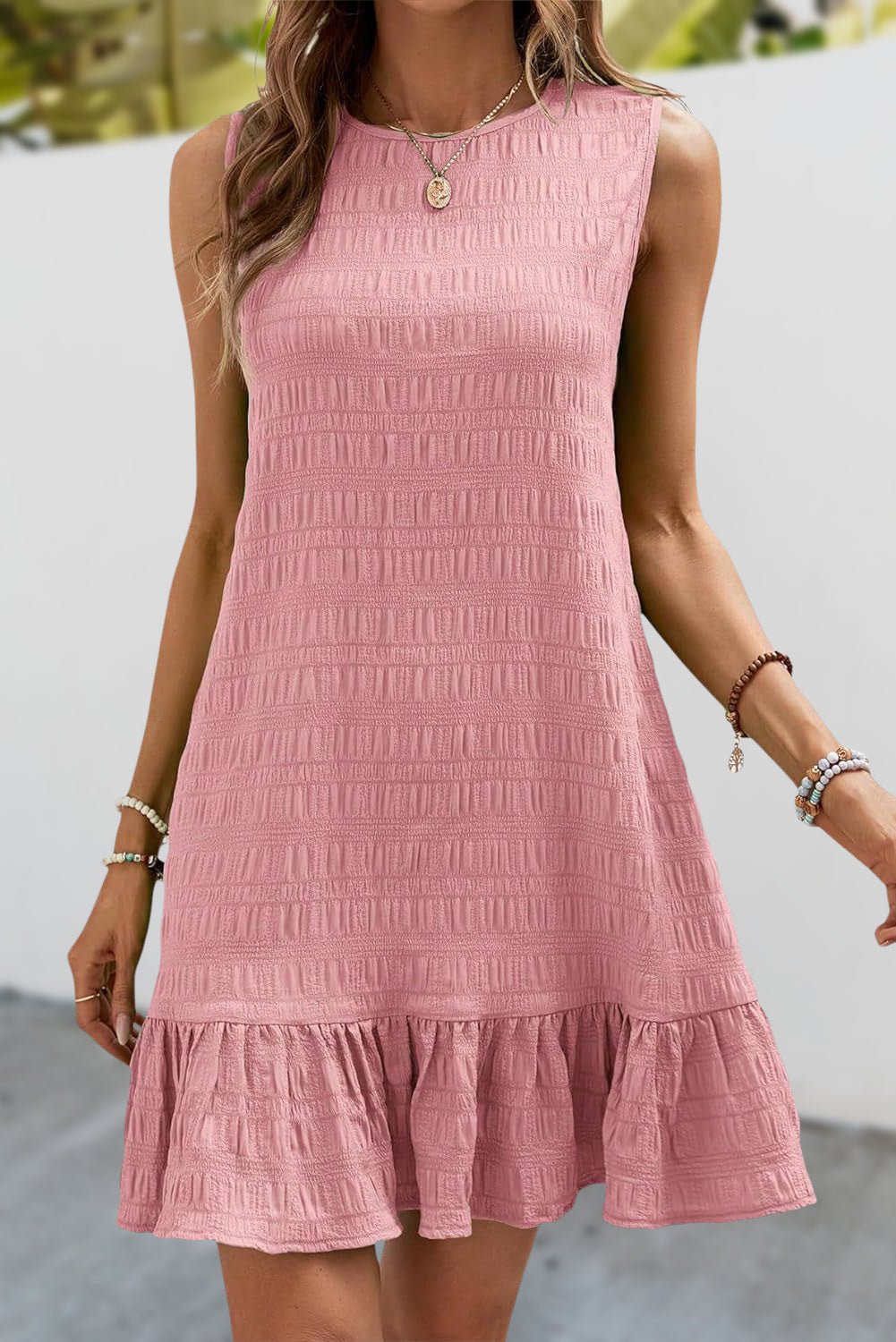 Pink Textured Ruffle Hem Sleeveless Round Neck Dress - MAD RUFFI