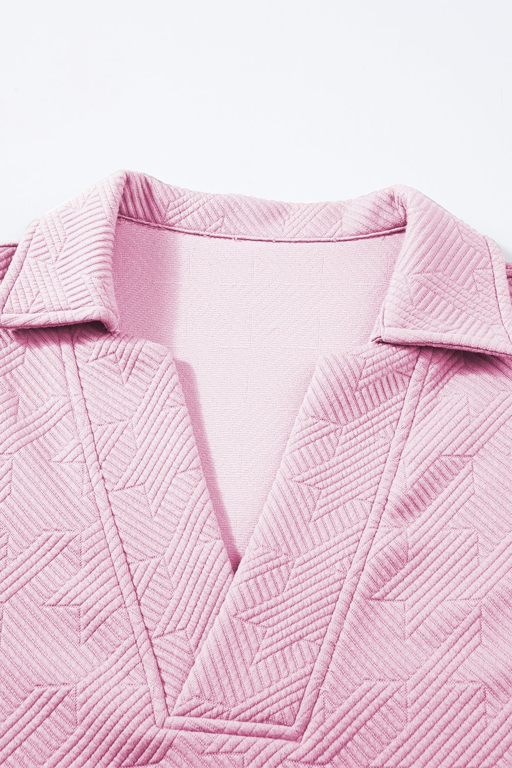 Pink Textured V Neck Collared Slit Hem T Shirt - MAD RUFFI