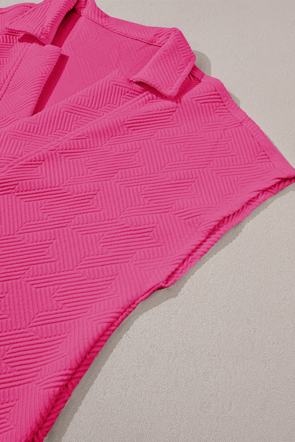 Pink Textured V Neck Collared Slit Hem T Shirt - MAD RUFFI