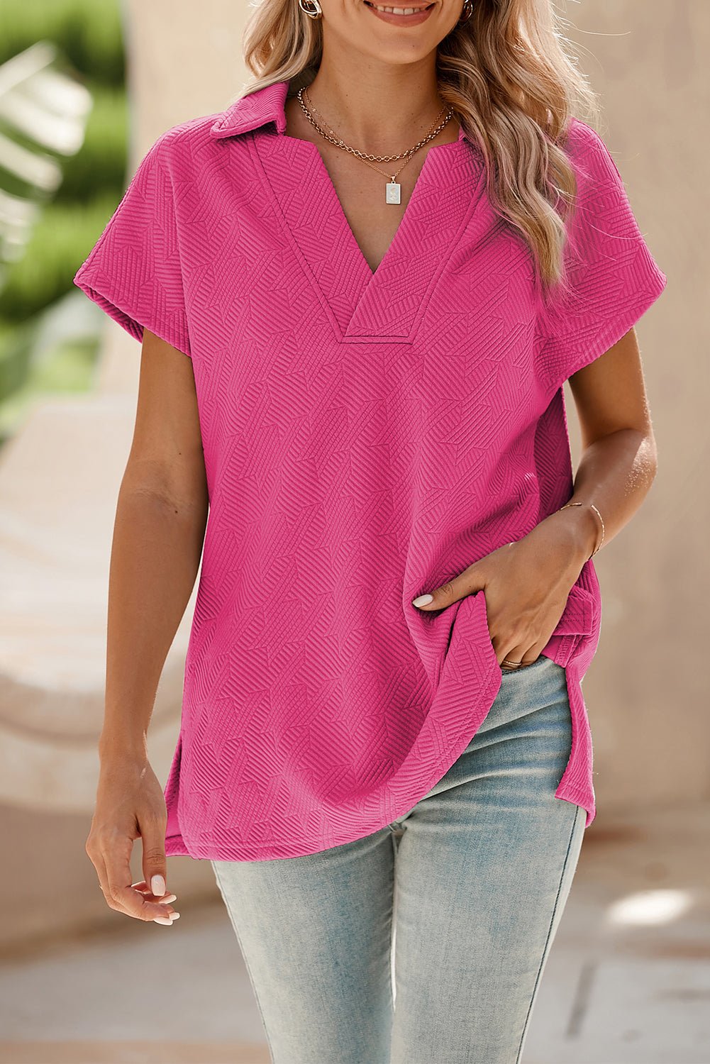 Pink Textured V Neck Collared Slit Hem T Shirt - MAD RUFFI