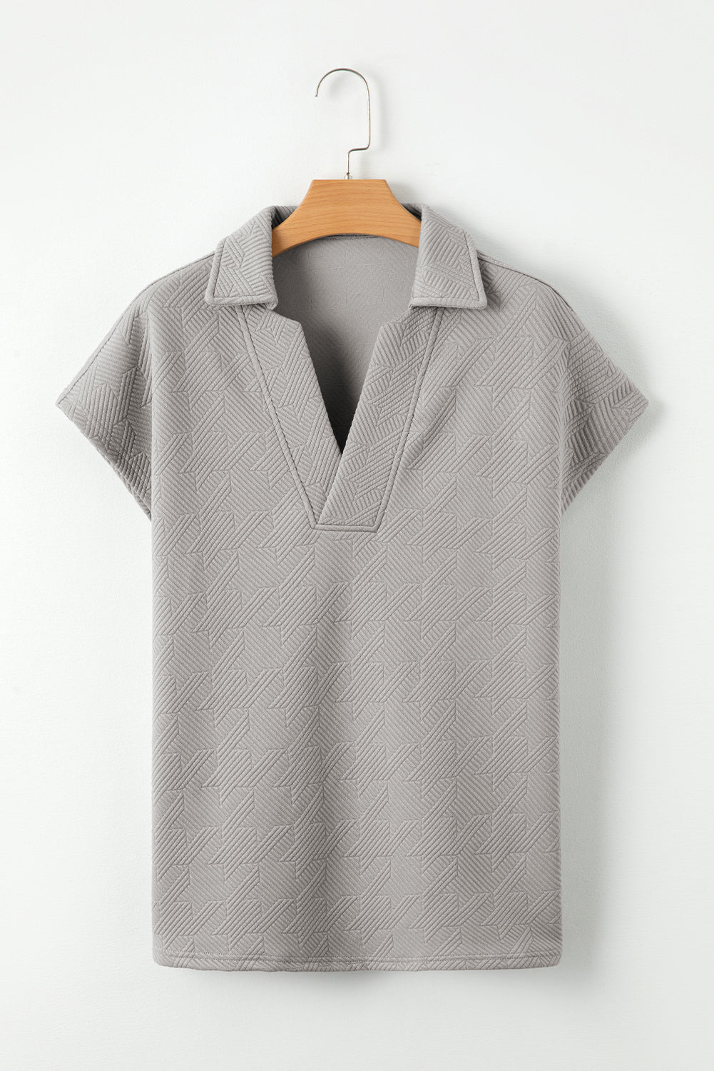 Pink Textured V Neck Collared Slit Hem T Shirt - MAD RUFFI