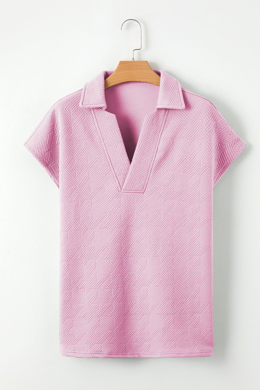 Pink Textured V Neck Collared Slit Hem T Shirt - MAD RUFFI