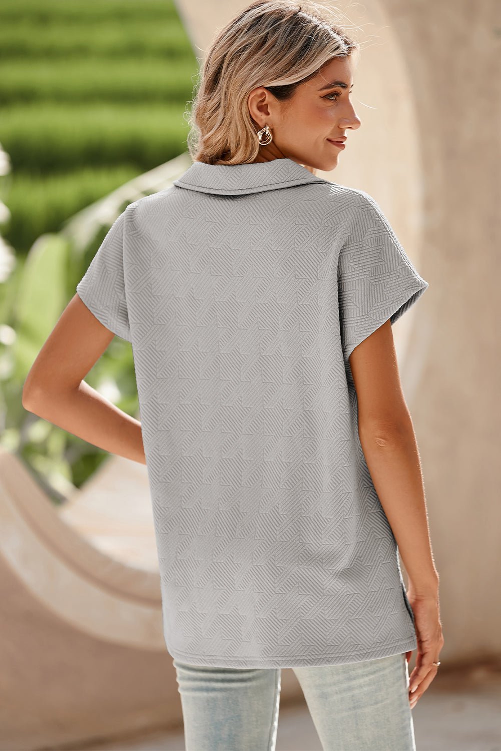 Pink Textured V Neck Collared Slit Hem T Shirt - MAD RUFFI