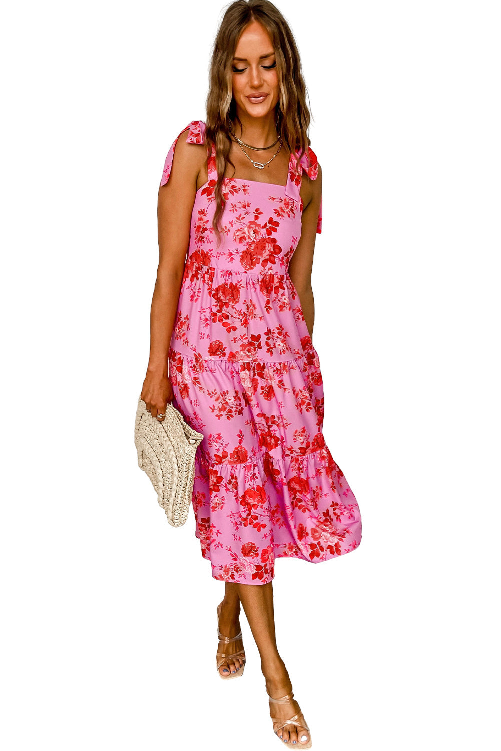 Pink Tie Shoulder Straps Tiered Floral Dress - MAD RUFFI