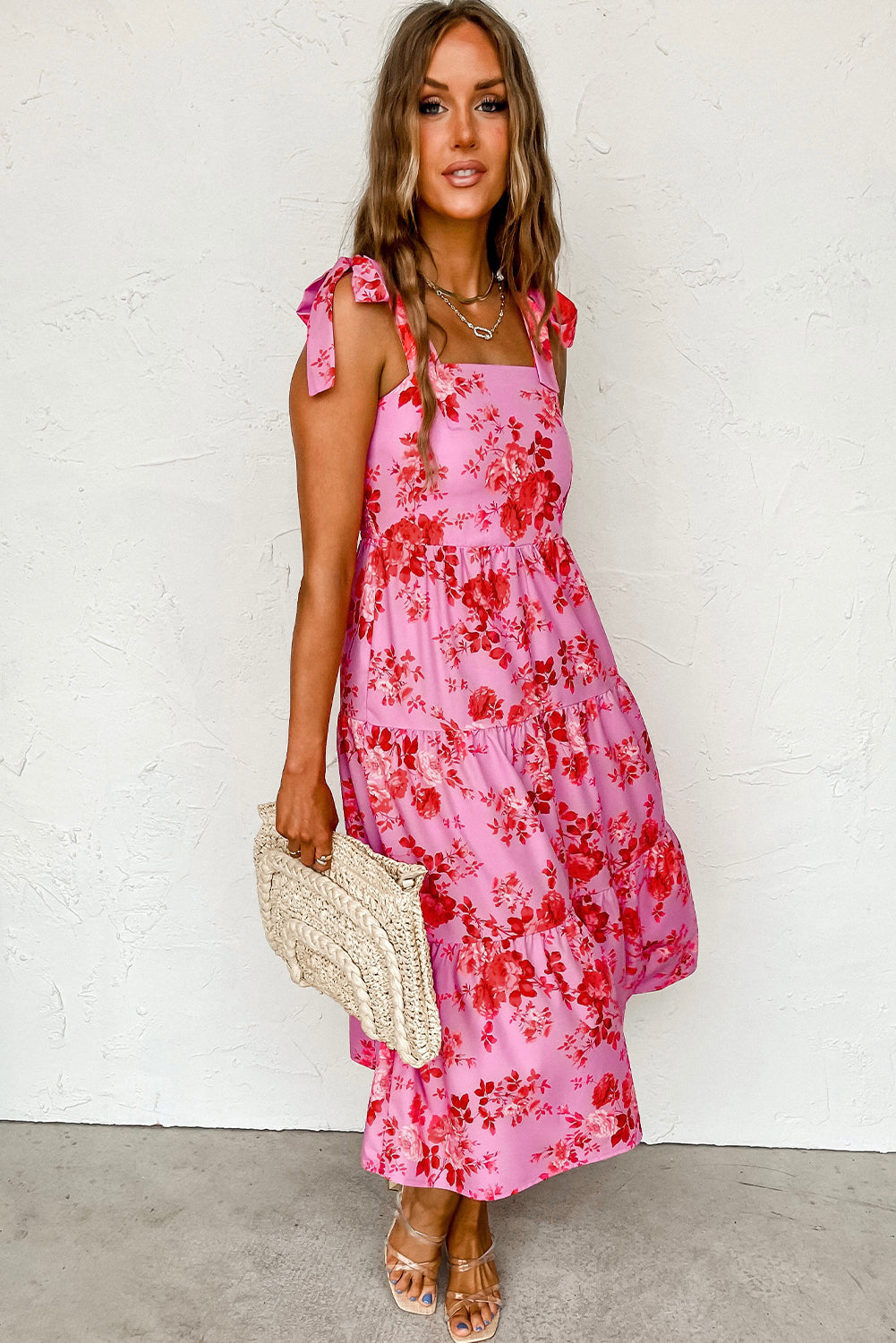 Pink Tie Shoulder Straps Tiered Floral Dress - MAD RUFFI