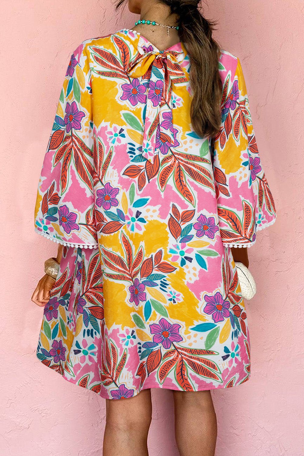 Pink Tropical Floral Bell Sleeve Loose Mini Dress - MAD RUFFI