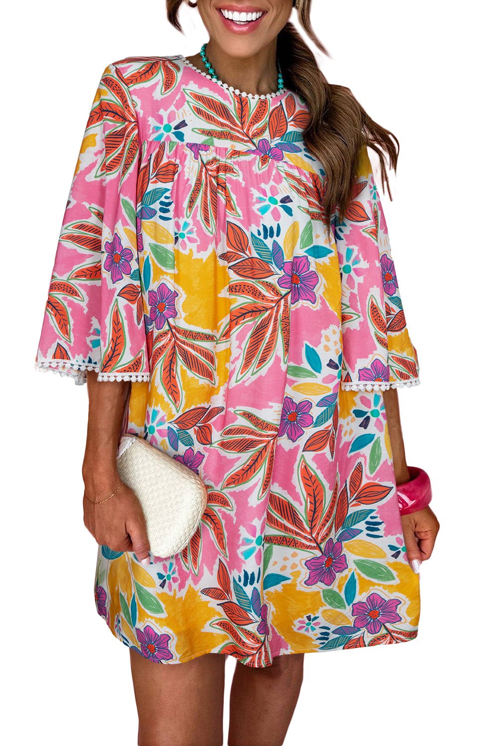 Pink Tropical Floral Bell Sleeve Loose Mini Dress - MAD RUFFI
