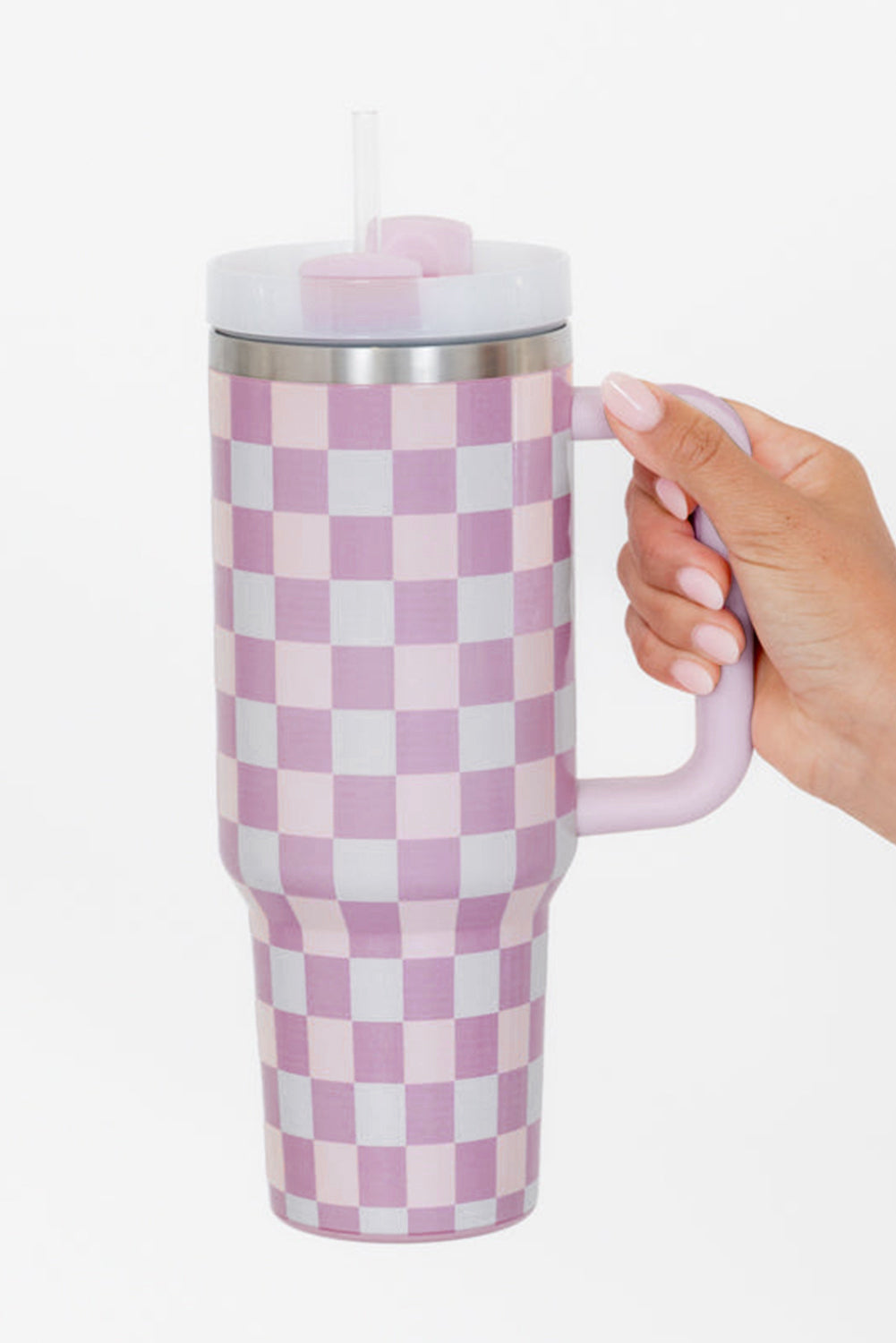 Pink Two-Tone Checkered Stainless Cup With Handle 40oz - MAD RUFFI