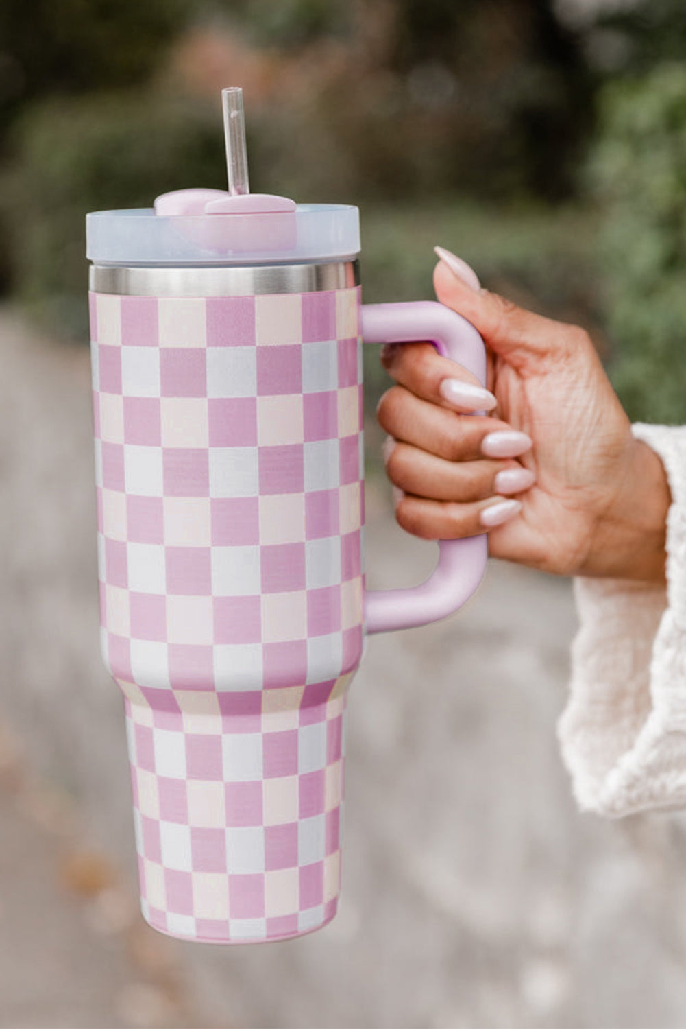 Pink Two-Tone Checkered Stainless Cup With Handle 40oz - MAD RUFFI