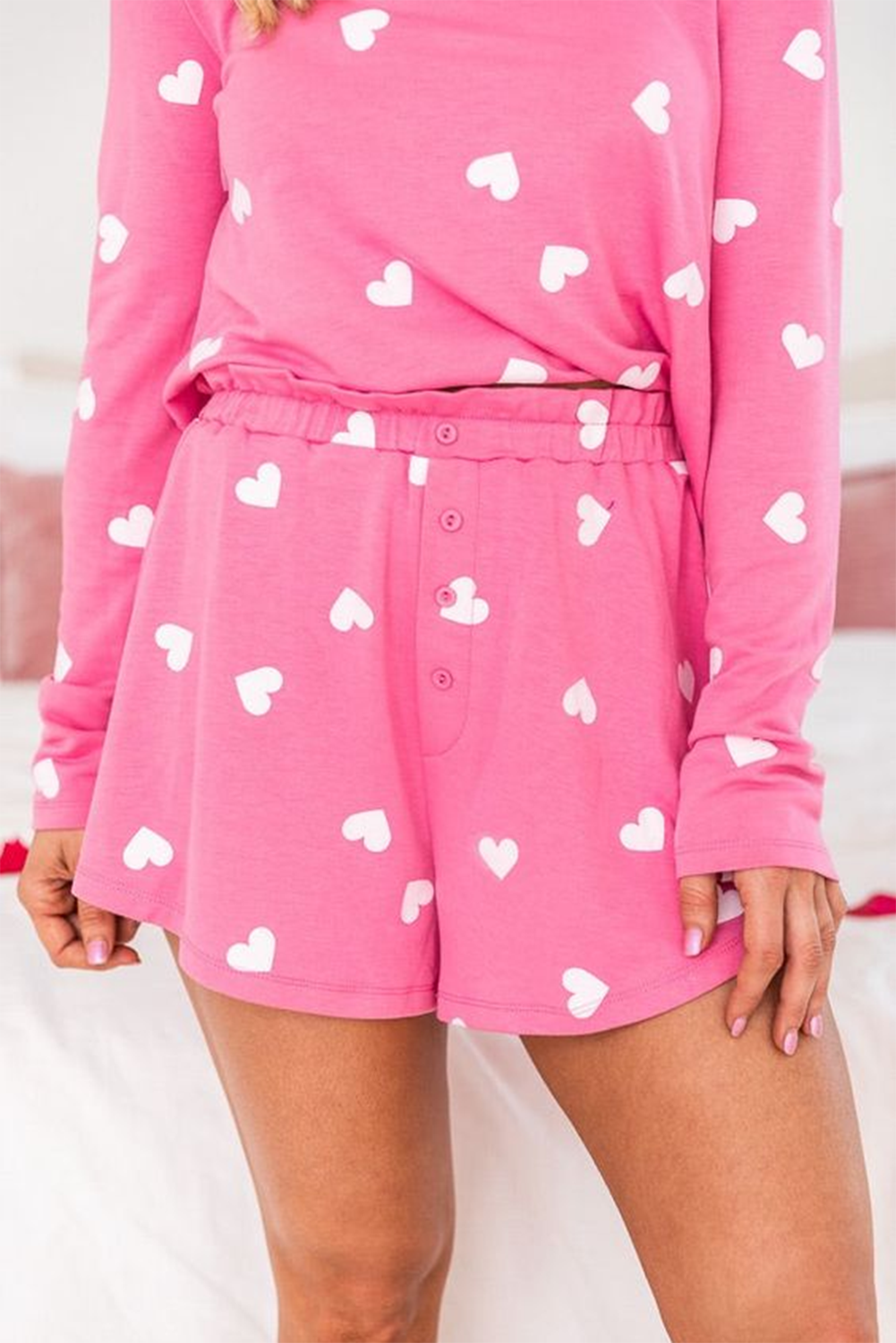 Pink Valentine Heart Print Long Sleeve Top and Shorts Pajama Set - MAD RUFFI