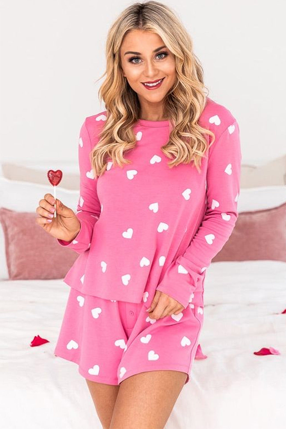 Pink Valentine Heart Print Long Sleeve Top and Shorts Pajama Set - MAD RUFFI