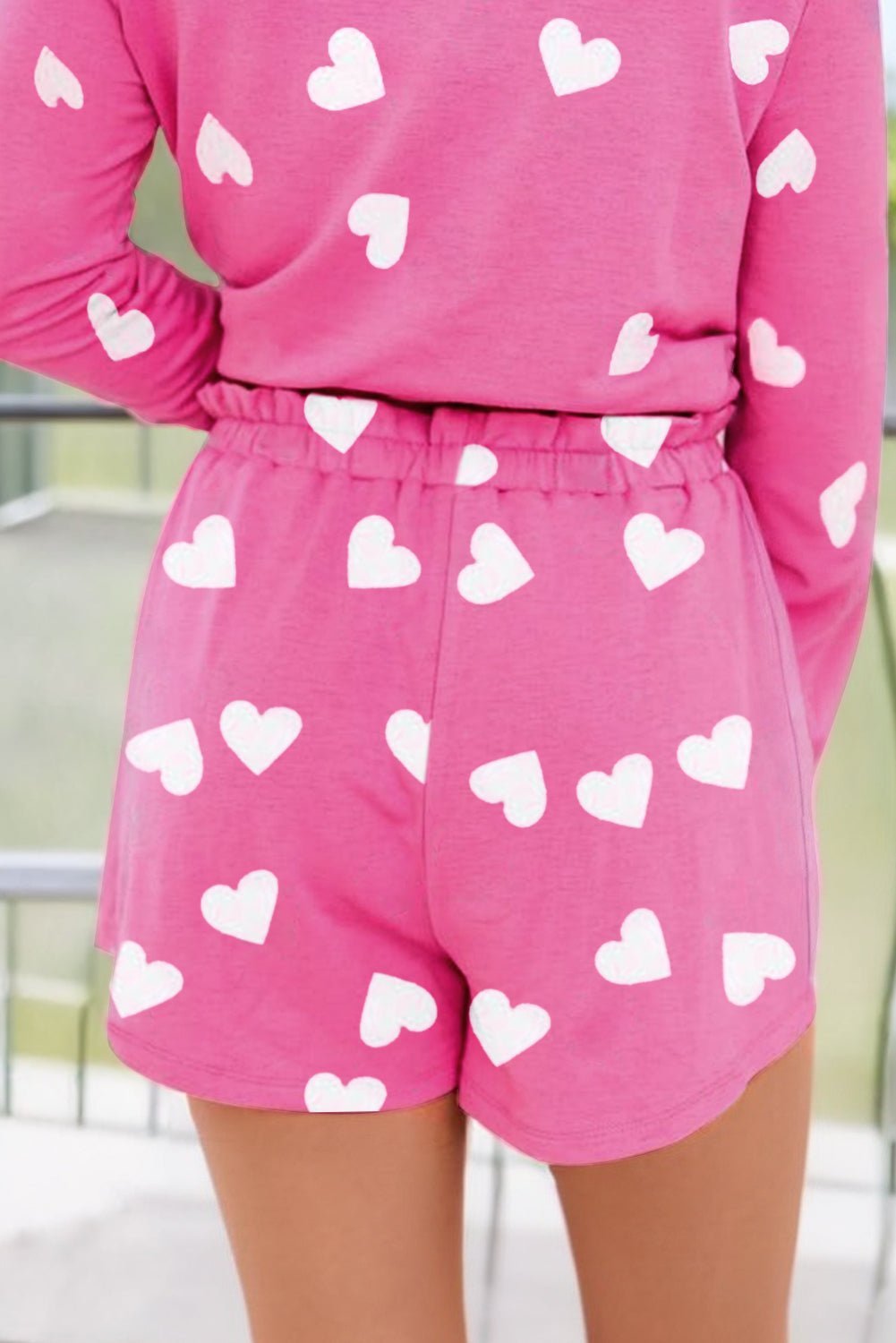 Pink Valentine Heart Print Long Sleeve Top and Shorts Pajama Set - MAD RUFFI