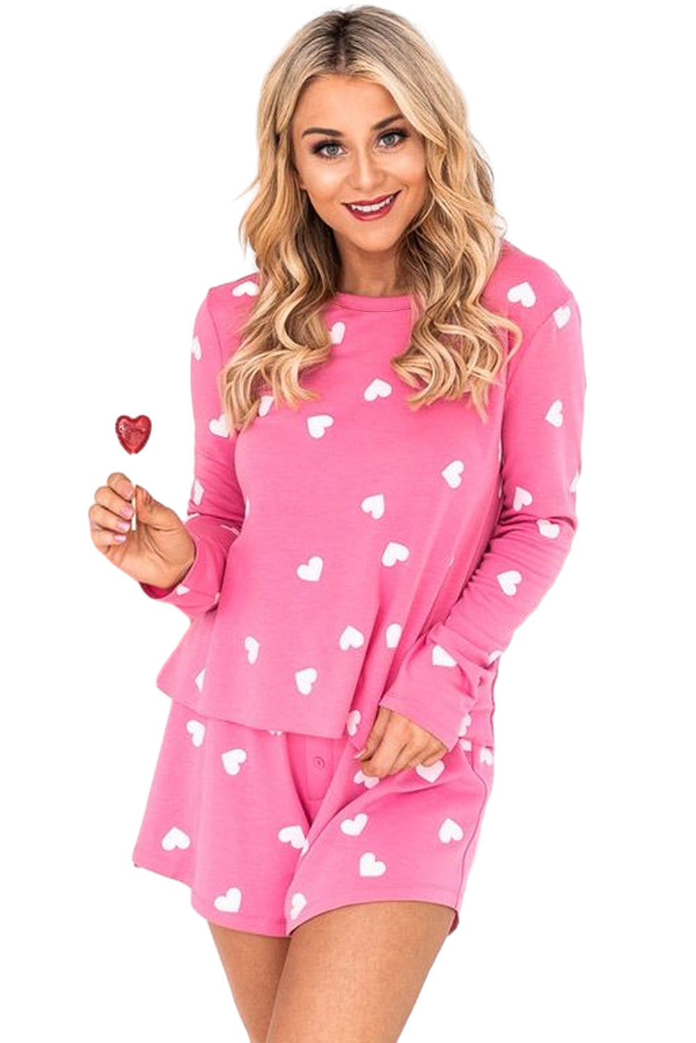 Pink Valentine Heart Print Long Sleeve Top and Shorts Pajama Set - MAD RUFFI