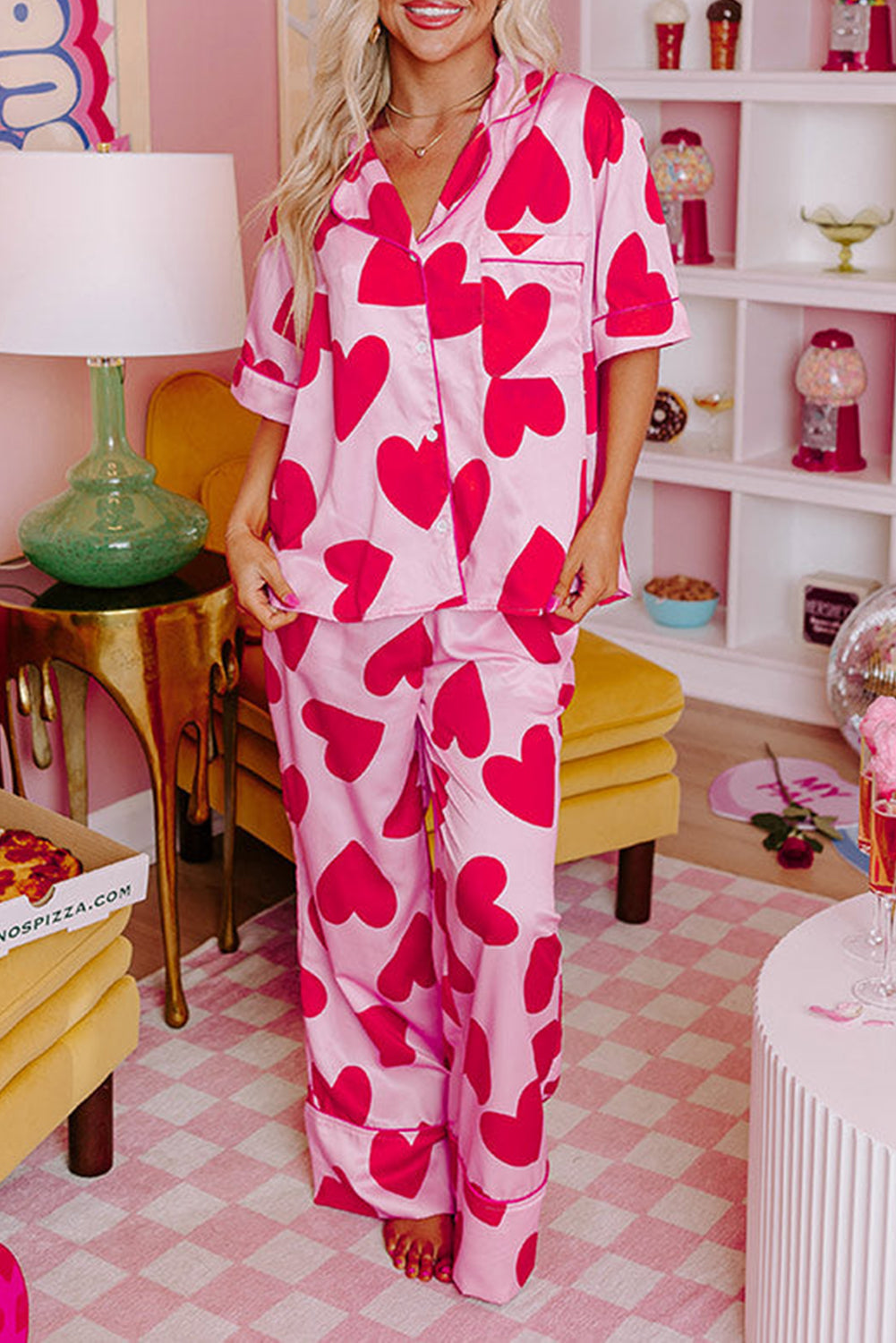 Pink Valentine Heart Short Sleeve Shirt Pajama Set - MAD RUFFI