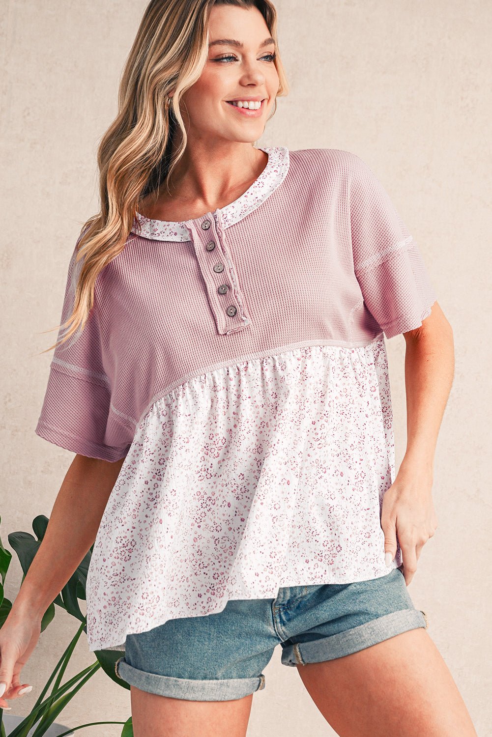 Pink Waffle Floral Patchwork Exposed Seam Detail Short Sleeve Top - MAD RUFFI