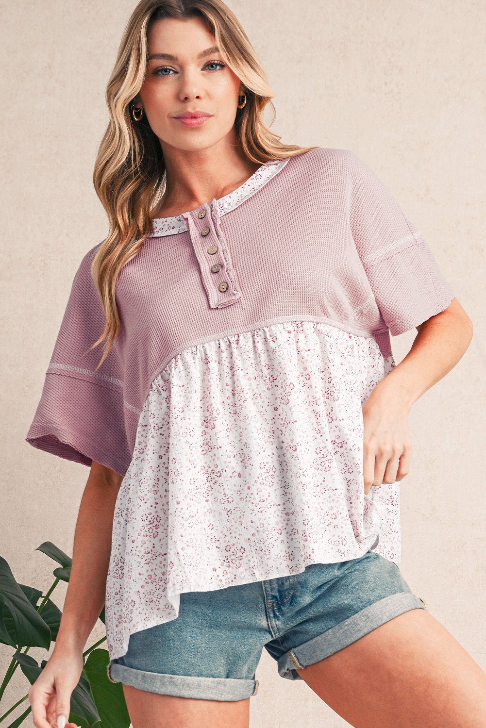 Pink Waffle Floral Patchwork Exposed Seam Detail Short Sleeve Top - MAD RUFFI