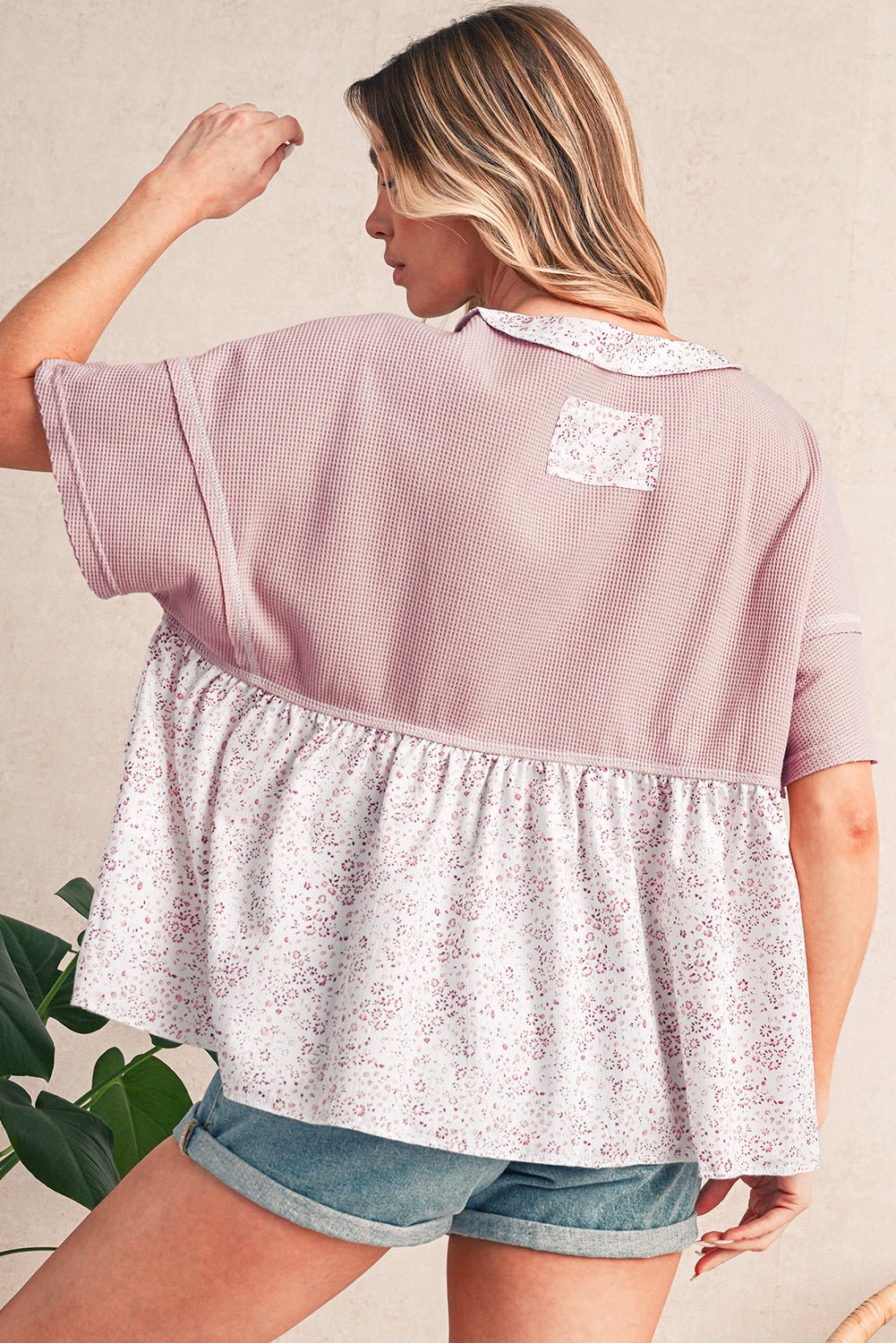 Pink Waffle Floral Patchwork Exposed Seam Detail Short Sleeve Top - MAD RUFFI