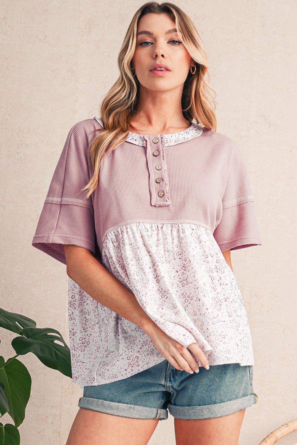 Pink Waffle Floral Patchwork Exposed Seam Detail Short Sleeve Top - MAD RUFFI