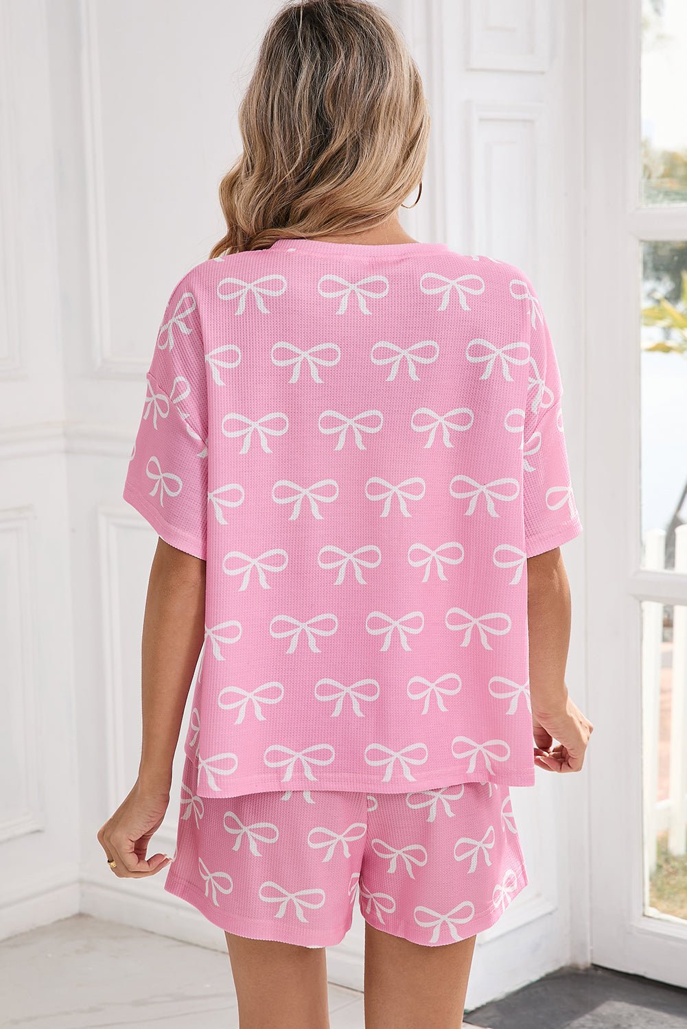 Pink Waffle Knit Bowknot Printed V Neck T Shirt And Shorts Set - MAD RUFFI