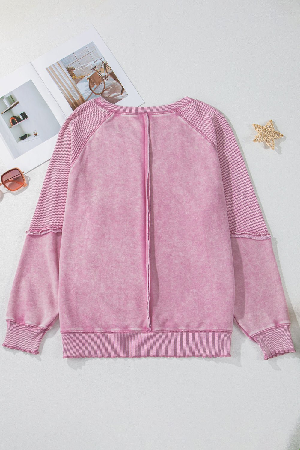 Pink Waffle Patchwork Raglan Sleeve Exposed Seam Sweatshirt - MAD RUFFI