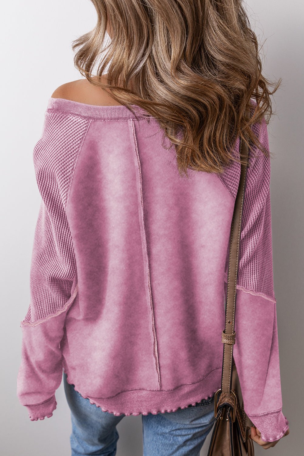 Pink Waffle Patchwork Raglan Sleeve Exposed Seam Sweatshirt - MAD RUFFI