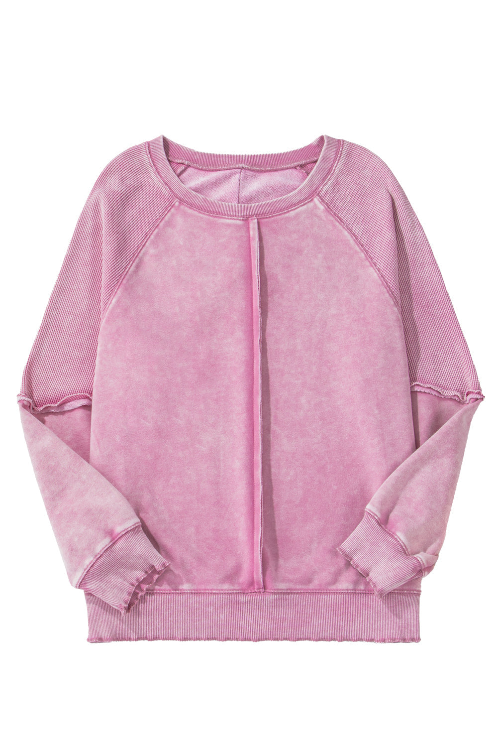 Pink Waffle Patchwork Raglan Sleeve Exposed Seam Sweatshirt - Sweatshirts & Hoodies