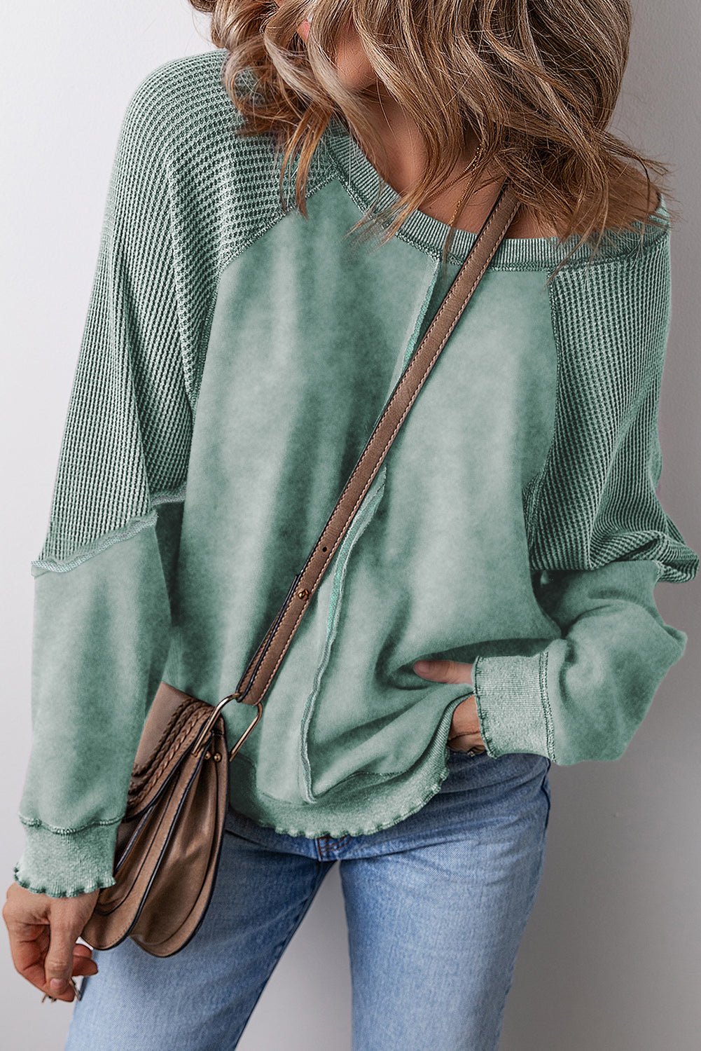 Pink Waffle Patchwork Raglan Sleeve Exposed Seam Sweatshirt - MAD RUFFI